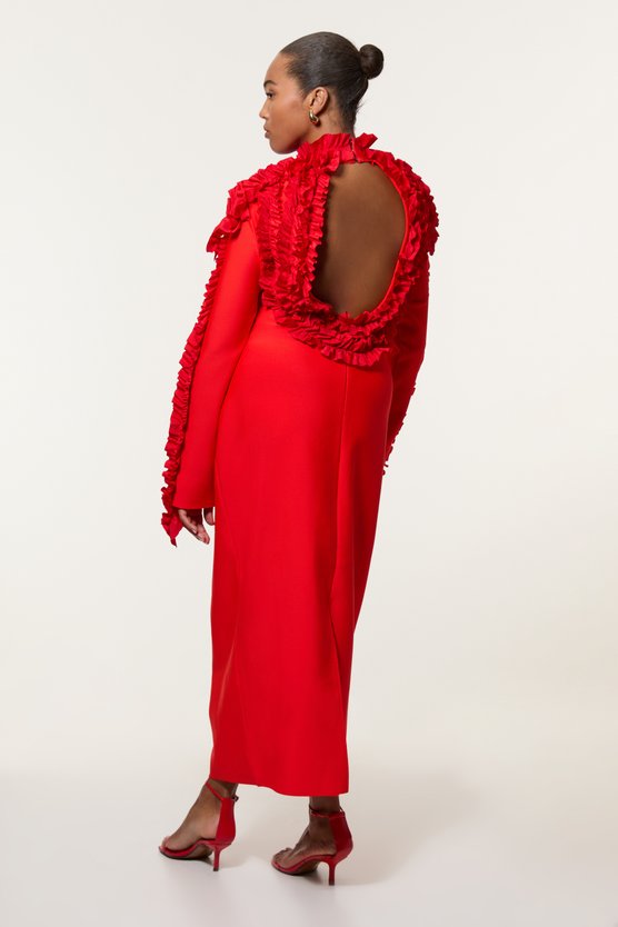 Karen Millen Plus Size Figure Form Bandage Knit Rosette Detail Midi Dress Neutral