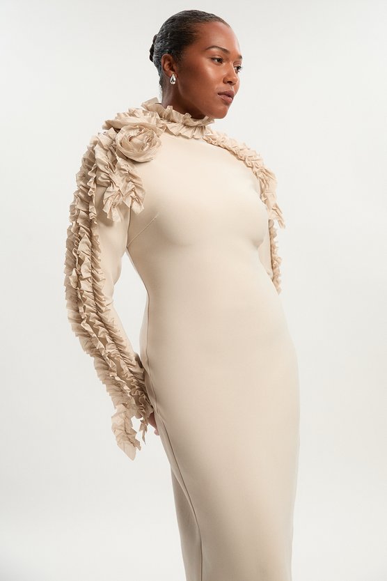 karen millen Plus Size Figure Form Bandage Knit Rosette Detail Midi Dress neutral