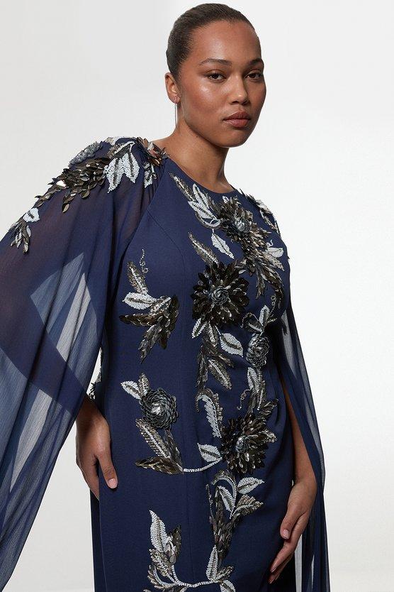 Karen Millen Plus Size Floral 3D Embellished Drama Cape Sleeve Woven Maxi Dress Navy