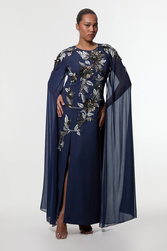 Karen Millen Plus Size Floral 3D Embellished Drama Cape Sleeve Woven Maxi Dress Navy