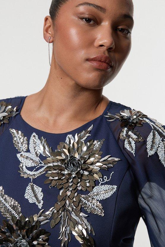 Karen Millen Plus Size Floral 3D Embellished Drama Cape Sleeve Woven Maxi Dress Navy