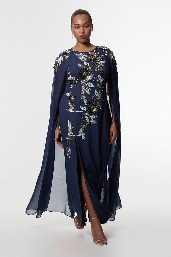 karen millen Plus Size Floral 3D Embellished Drama Cape Sleeve Woven Maxi Dress navy
