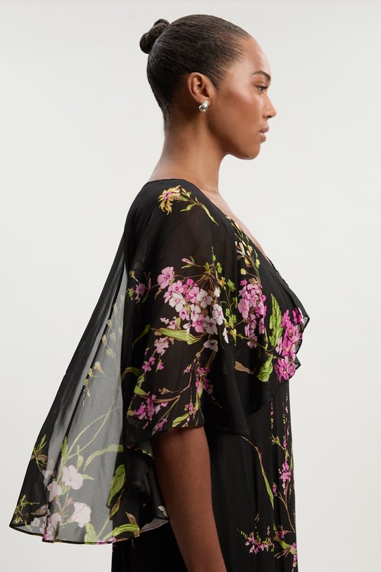 Karen Millen Plus Size Floral Border Print Viscose Woven Cape Sleeve Maxi Dress Floral