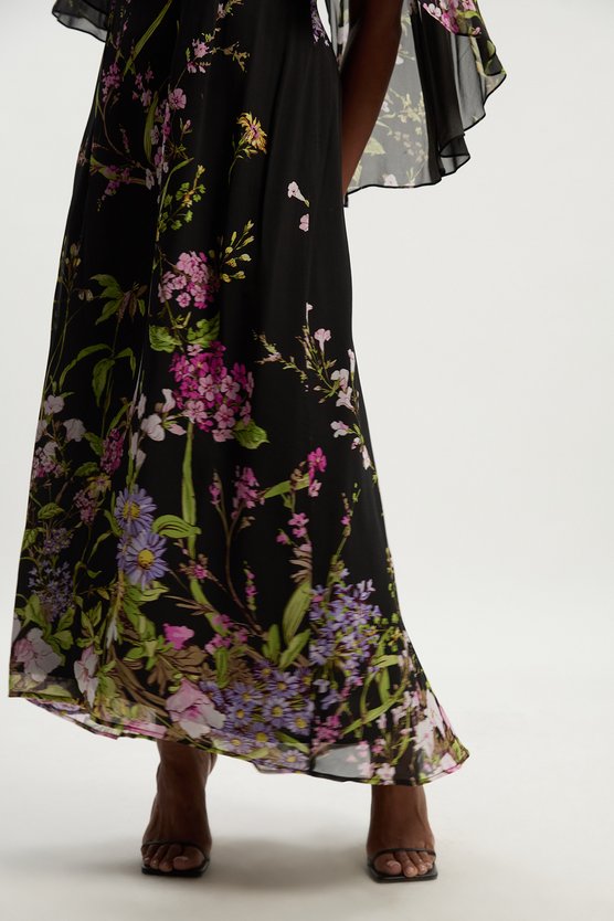Karen Millen Plus Size Floral Border Print Viscose Woven Cape Sleeve Maxi Dress Floral