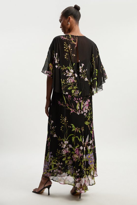 Karen Millen Plus Size Floral Border Print Viscose Woven Cape Sleeve Maxi Dress Floral