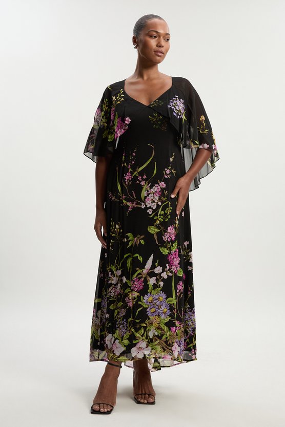 karen millen Plus Size Floral Border Print Viscose Woven Cape Sleeve Maxi Dress floral