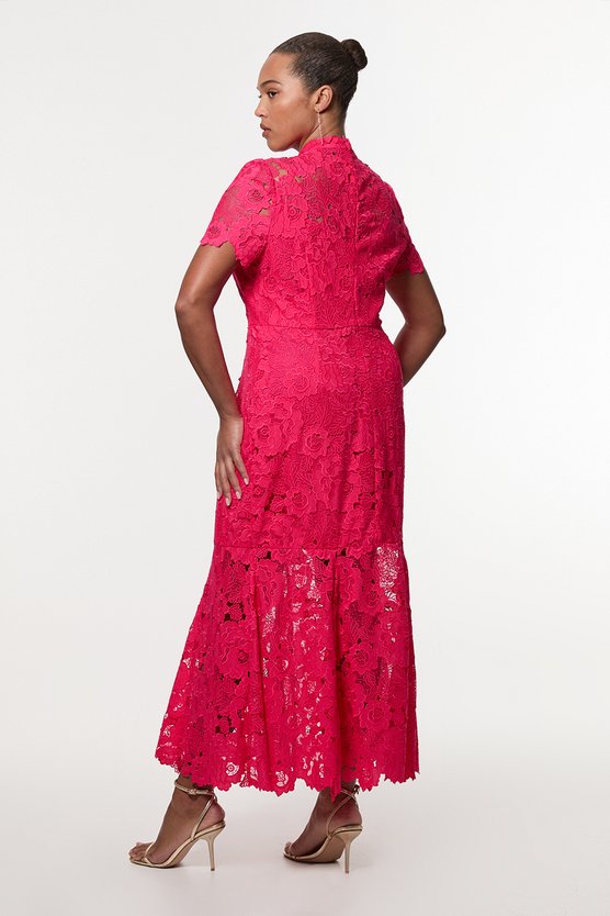 Karen Millen Plus Size Guipure Lace High Neck Woven Midi Dress Fuchsia