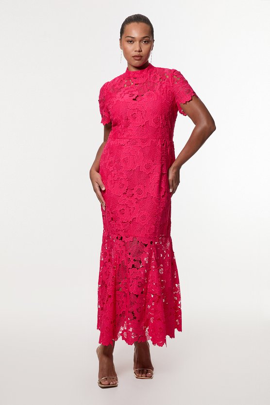 karen millen Plus Size Guipure Lace High Neck Woven Midi Dress fuchsia