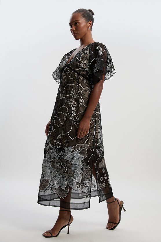 Karen Millen Plus Size Hand Embroidered And Sequin Organdie Deep V Woven Maxi Dress Mono