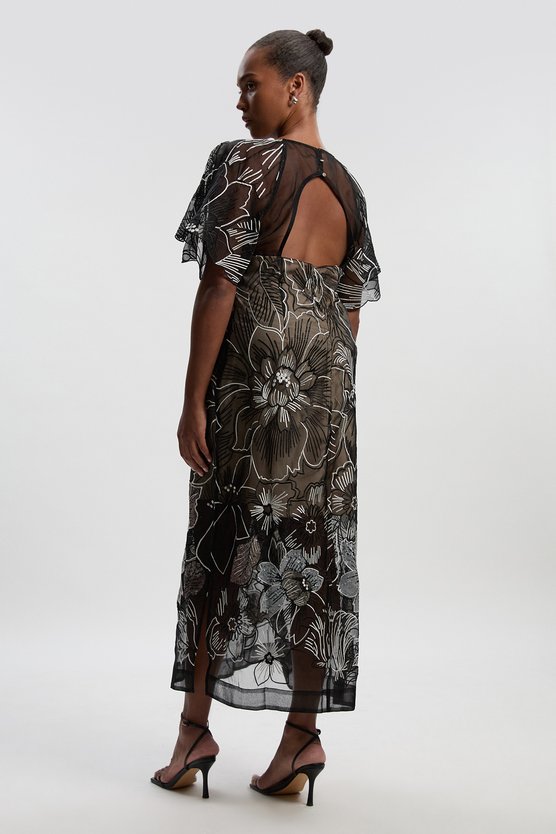 Karen Millen Plus Size Hand Embroidered And Sequin Organdie Deep V Woven Maxi Dress Mono