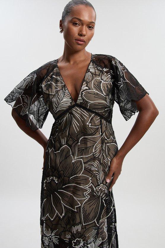 karen millen Plus Size Hand Embroidered And Sequin Organdie Deep V Woven Maxi Dress mono