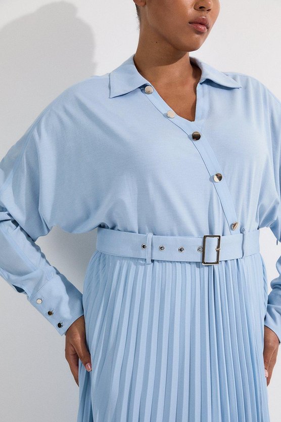 Karen Millen Plus Size Jersey And Georgette Mix Belted Pleat Midi Dress Light Blue