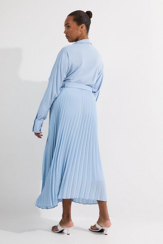 Karen Millen Plus Size Jersey And Georgette Mix Belted Pleat Midi Dress Light Blue