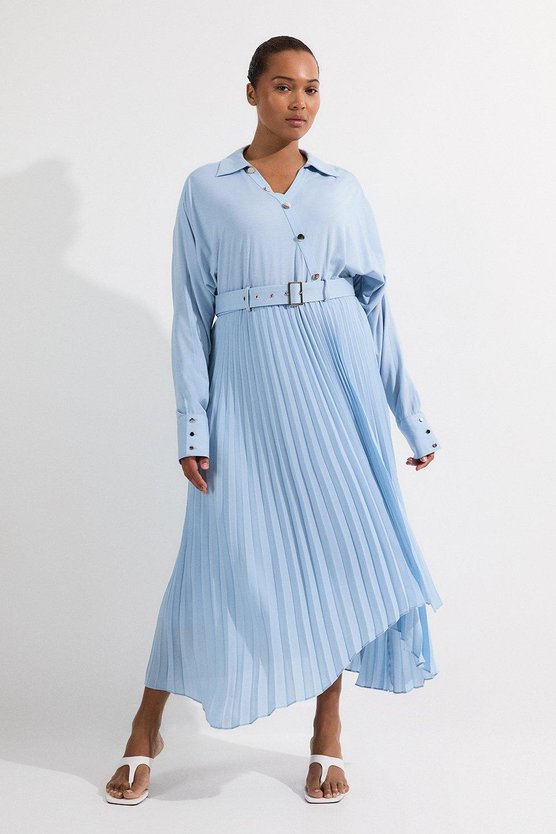karen millen Plus Size Jersey And Georgette Mix Belted Pleat Midi Dress light blue