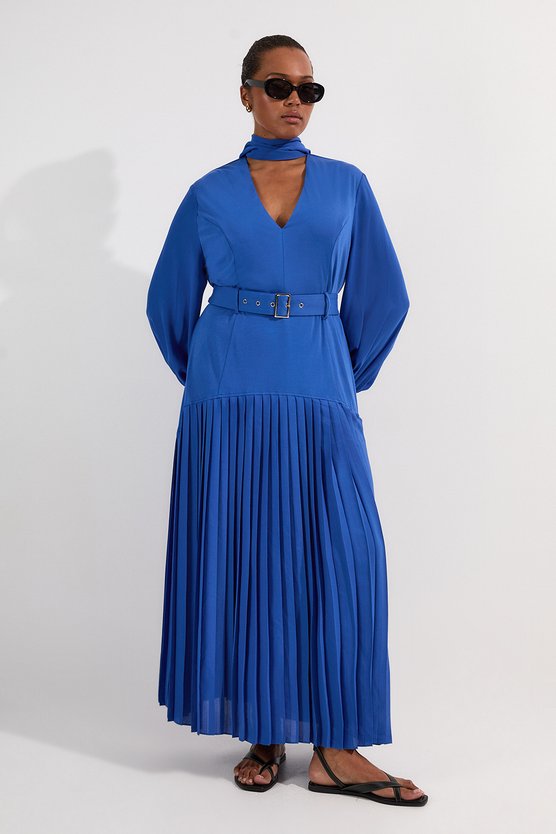 Karen Millen Plus Size Jersey Ponte Georgette Mix Midi Dress Cobalt