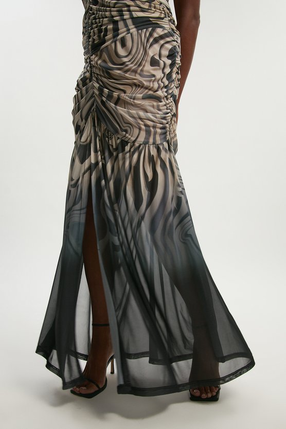 Karen Millen Plus Size Marble Print Mesh Plunge Strappy Detail Maxi Dress Mono