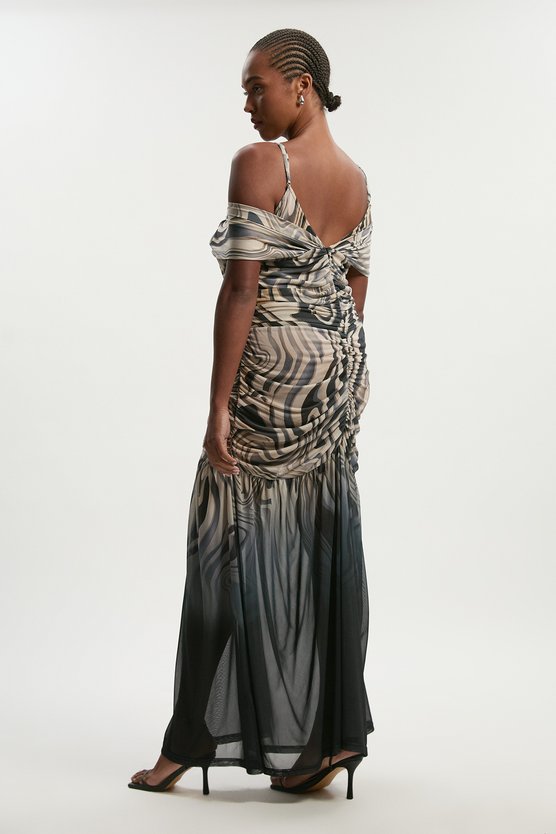 Karen Millen Plus Size Marble Print Mesh Plunge Strappy Detail Maxi Dress Mono