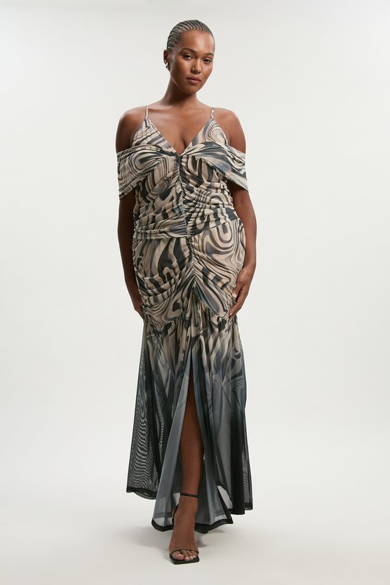 karen millen Plus Size Marble Print Mesh Plunge Strappy Detail Maxi Dress mono