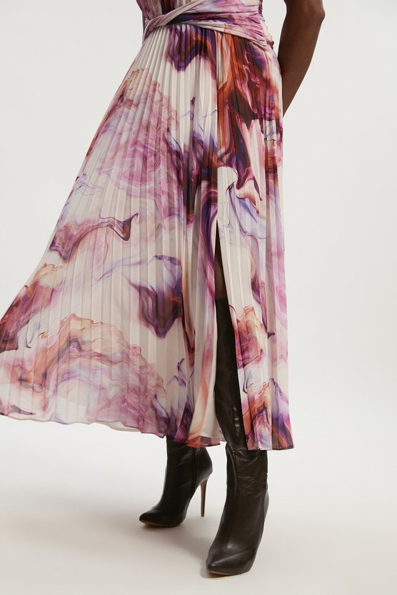 Karen Millen Plus Size Marble Soft Pleated V Neck Woven Maxi Dress Multi