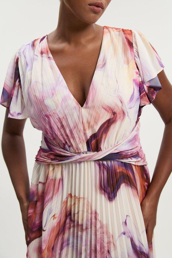 Karen Millen Plus Size Marble Soft Pleated V Neck Woven Maxi Dress Multi