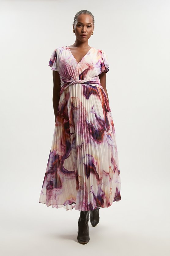 karen millen Plus Size Marble Soft Pleated V Neck Woven Maxi Dress multi