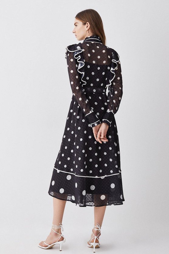 Karen Millen Plus Size Mixed Dot Piped Ruffle Georgette Midi Dress Mocha