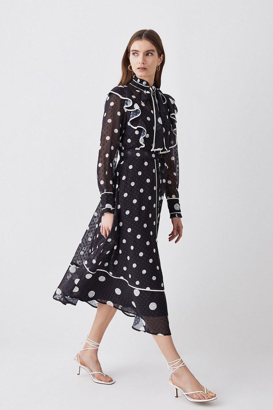 Karen Millen Plus Size Mixed Dot Piped Ruffle Georgette Midi Dress Mocha
