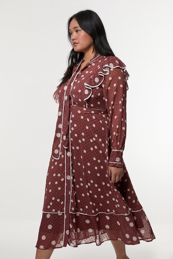 karen millen Plus Size Mixed Dot Piped Ruffle Georgette Midi Dress mocha