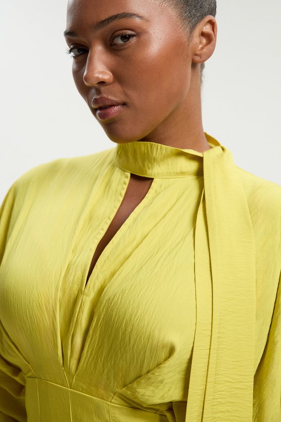 Karen Millen Plus Size Pleated Neck Tie Detail Woven Maxi Dress Chartreuse