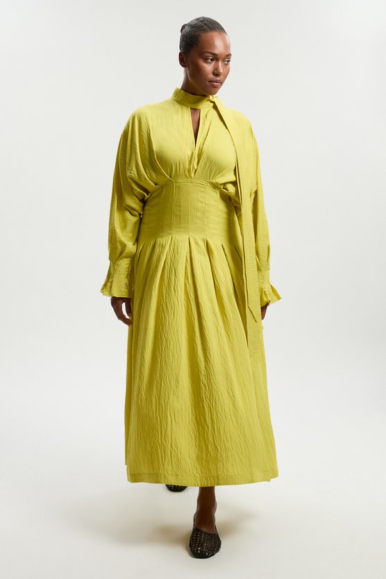 karen millen Plus Size Pleated Neck Tie Detail Woven Maxi Dress chartreuse
