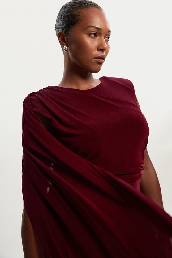 Karen Millen Plus Size Premium Slinky Crepe Scarf Detail Maxi Dress Burgundy