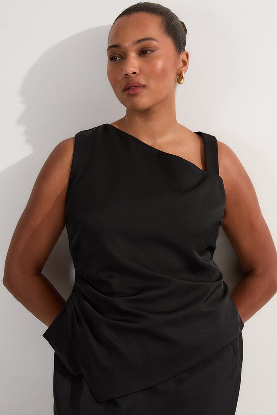 Karen Millen Plus Size Premium Viscose Linen Asymmetric Neck Tailored Pencil Maxi Dress Black