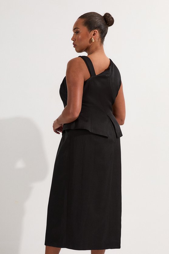 Karen Millen Plus Size Premium Viscose Linen Asymmetric Neck Tailored Pencil Maxi Dress Black