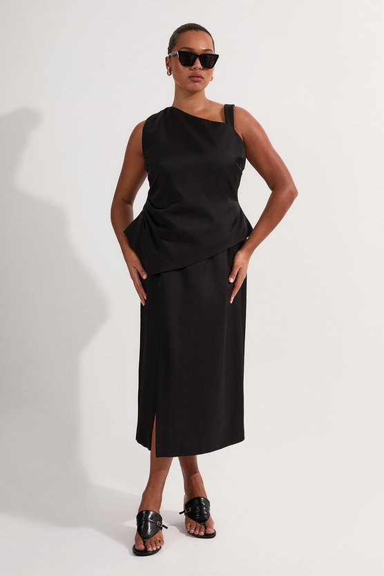 karen millen Plus Size Premium Viscose Linen Asymmetric Neck Tailored Pencil Maxi Dress black