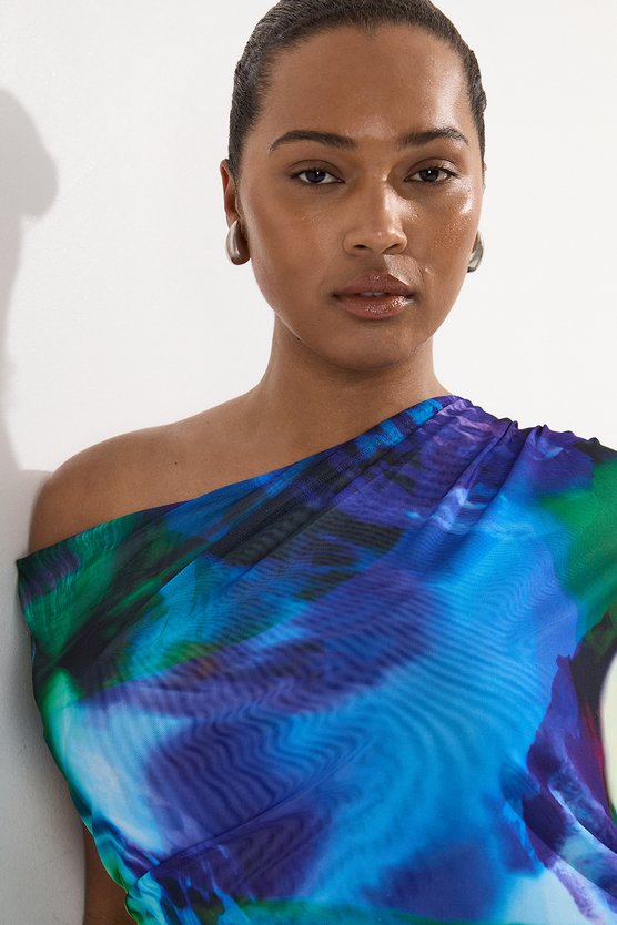 Karen Millen Plus Size Printed Mesh Jersey One Shoulder Midi Dress Purple