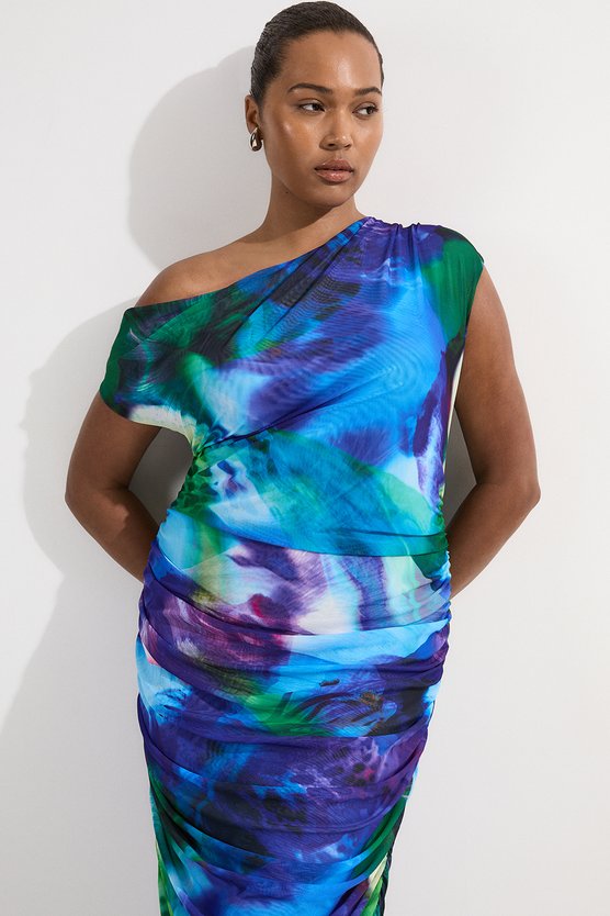 Karen Millen Plus Size Printed Mesh Jersey One Shoulder Midi Dress Purple