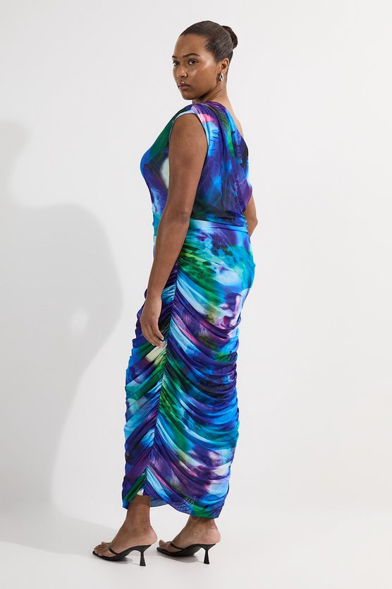 Karen Millen Plus Size Printed Mesh Jersey One Shoulder Midi Dress Purple