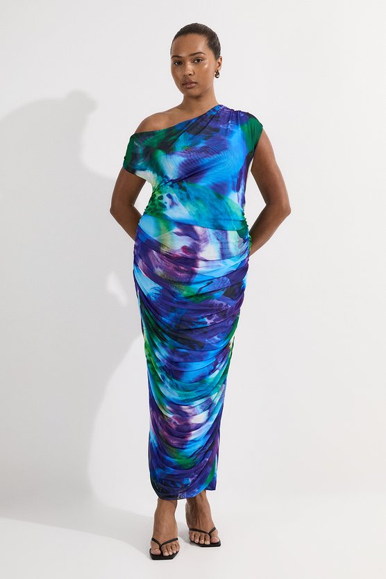 karen millen Plus Size Printed Mesh Jersey One Shoulder Midi Dress purple