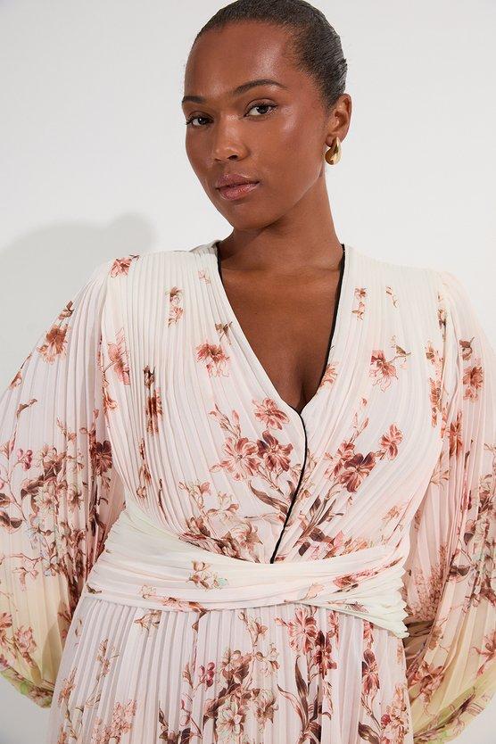 Karen Millen Plus Size Scattered Floral Balloon Sleeve Pleated Crinkle Cut Out Woven Maxi Dress Ivory