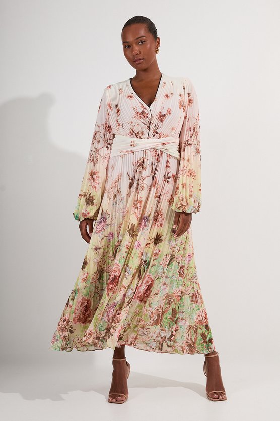 Karen Millen Plus Size Scattered Floral Balloon Sleeve Pleated Crinkle Cut Out Woven Maxi Dress Ivory