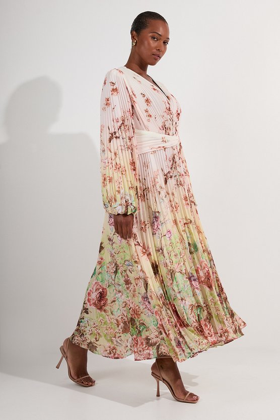 karen millen Plus Size Scattered Floral Balloon Sleeve Pleated Crinkle Cut Out Woven Maxi Dress ivory