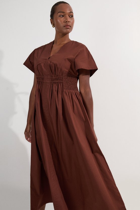 Karen Millen Plus Size Shirred Cotton Woven Plunge Neck Short Sleeve Maxi Dress Chocolate