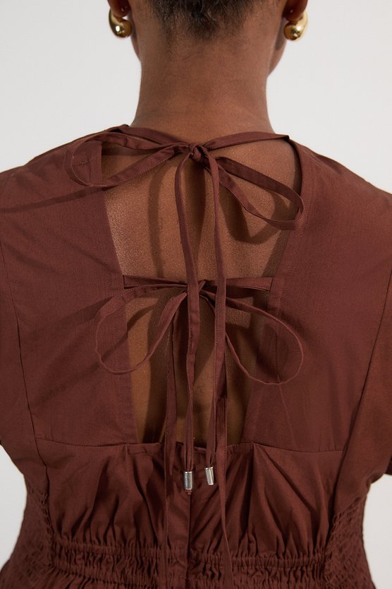 Karen Millen Plus Size Shirred Cotton Woven Plunge Neck Short Sleeve Maxi Dress Chocolate