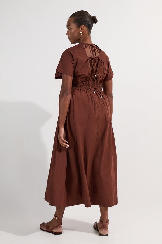 Karen Millen Plus Size Shirred Cotton Woven Plunge Neck Short Sleeve Maxi Dress Chocolate