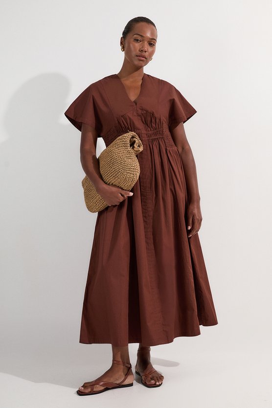 karen millen Plus Size Shirred Cotton Woven Plunge Neck Short Sleeve Maxi Dress chocolate