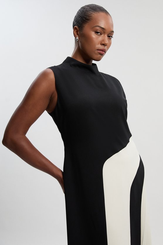 Karen Millen Plus Size Soft Tailored Colour Block High Neck Pleated Midi Dress Mono