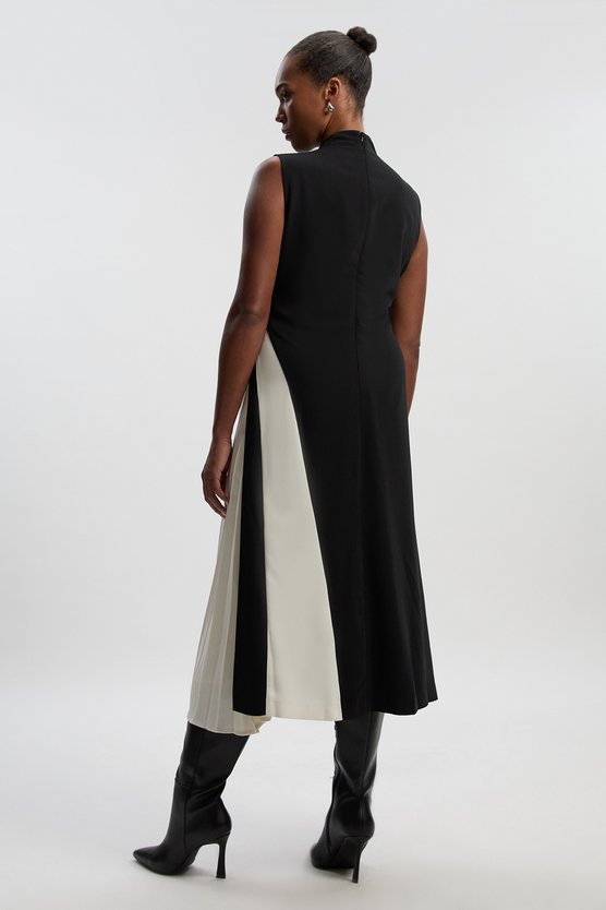 Karen Millen Plus Size Soft Tailored Colour Block High Neck Pleated Midi Dress Mono