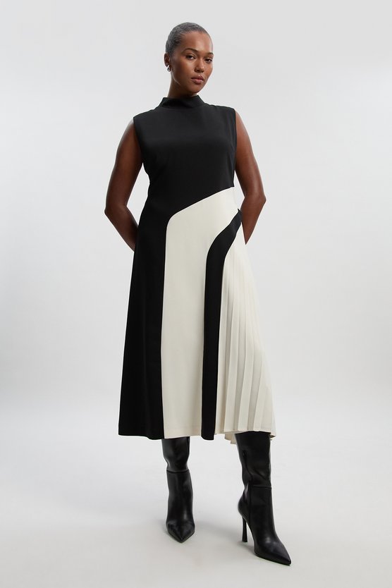 karen millen Plus Size Soft Tailored Colour Block High Neck Pleated Midi Dress mono