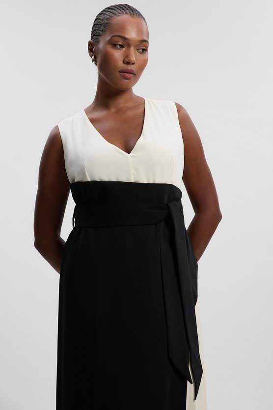 Karen Millen Plus Size Soft Tailored Colour Block Side Pleated Midi Dress Mono