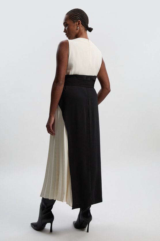 Karen Millen Plus Size Soft Tailored Colour Block Side Pleated Midi Dress Mono
